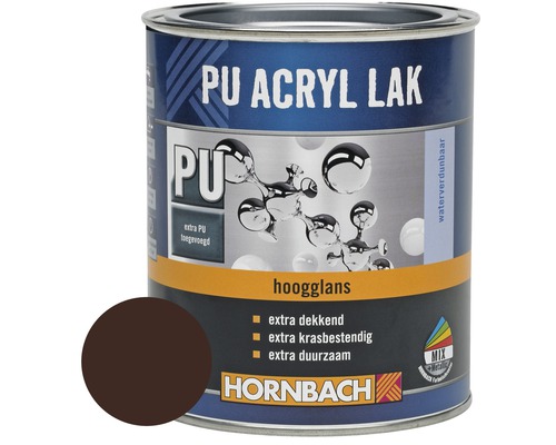 HORNBACH PU Acryl lak hoogglans chocoladebruin 750 ml PU Acryllak blik met kleurvoorbeeld en Hornbach logo