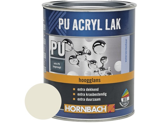 HORNBACH PU Acryl lak hoogglans grijswit 750 ml PU Acryllak blik met kleurvoorbeeld en Hornbach logo