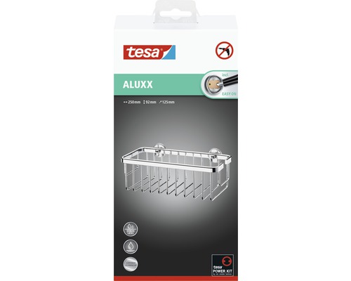 Tesa Aluxx doucheplank in doos met afmetingen 250 x 92 x 125 millimeter. Het product is roestvrij en gemaakt van aluminium.