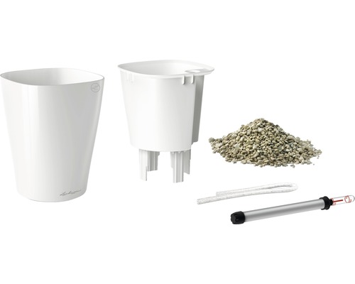 Bloempot met inzetstuk, substraat, waterniveau-indicator en bewateringslont