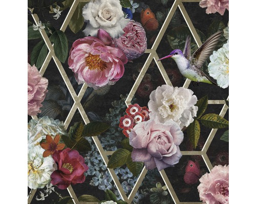 SUPERFRESCO EASY Vliesbehang 108220 Imagine zwart/roze Behang met bloemen-, vlinder- en kolibriemotieven in geometrisch design