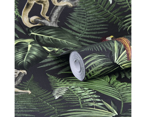 Rol behang met jungle motieven zoals apen, varens en tropische bladeren