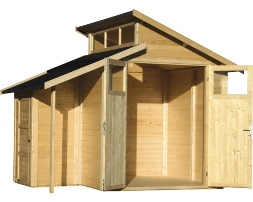 Houten tuinhuis met dubbele deur en bovenlicht