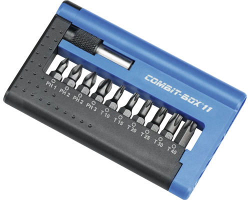 Bitset met diverse schroevendraaierbits in opbergdoos