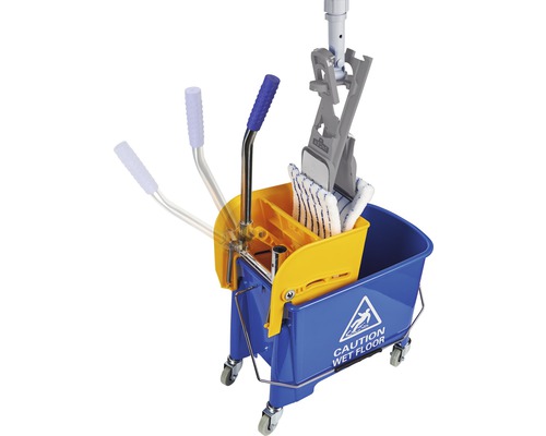 Mopemmerwagen met uitwringer en waarschuwing voor natte vloeren