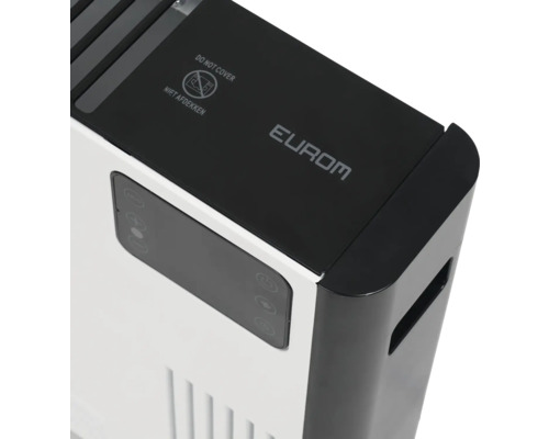 Gedetailleerde weergave van een verwarming met het Eurom logo en het symbool ''Niet afdekken''.