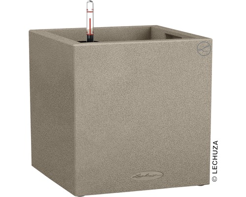 LECHUZA All-in-One Set Plantenbak Stone Canto Kunststof beige 40x40x41 cm Vierkante plantenbak met waterniveau-indicator