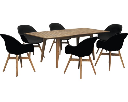 Tuin tafel met zes stoelen van hout en kunststof