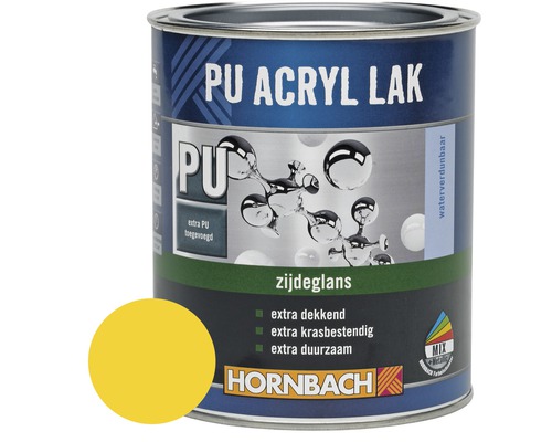 HORNBACH PU Acryl lak zijdeglans geel 750 ml PU Acryllak blik met kleurvoorbeeld en Hornbach logo