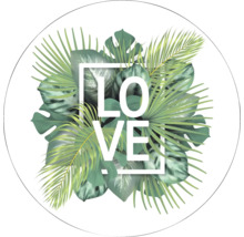Decoratief motief met de tekst ''Love'' en groene bladeren