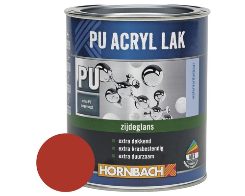 HORNBACH PU Acryl lak zijdeglans vuurrood 750 ml PU Acryllak blik met kleurvoorbeeld en Hornbach logo