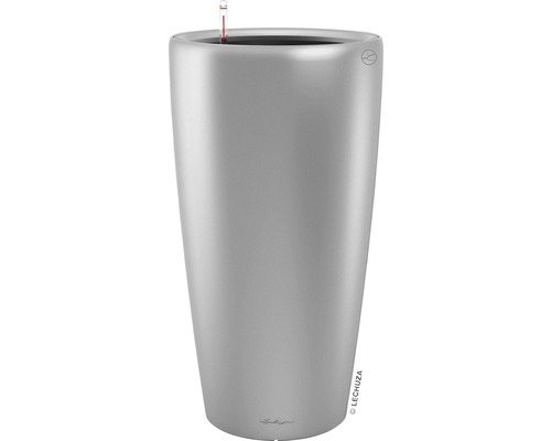 LECHUZA All-in-One Set Bloempot Premium Rondo Kunststof zilver Ø 40 cm H 75 cm Hoge plantenbak met waterniveau-indicator