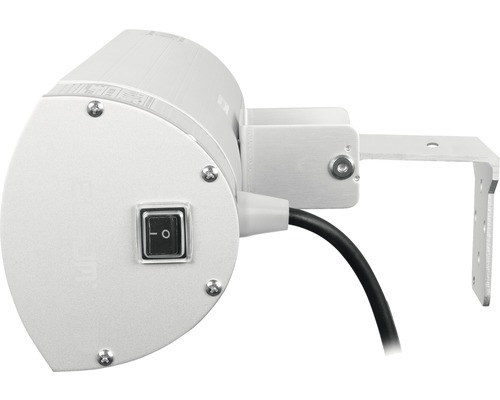 Detailopname van een zilverkleurige lamp met schakelaar en beugel