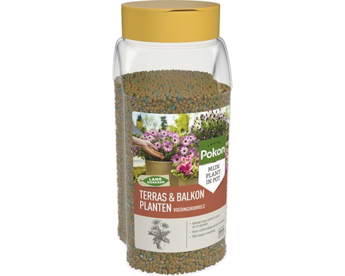 Pokon terras- en balkonplanten voedingskorrels in een plastic verpakking met een gele deksel