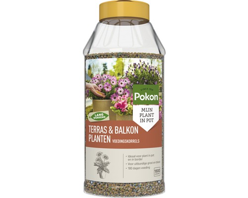 POKON Terras & Balkon Planten Voedingskorrels 1800 g Pokon terras en balkon plantenvoedingskorrels in een transparante container