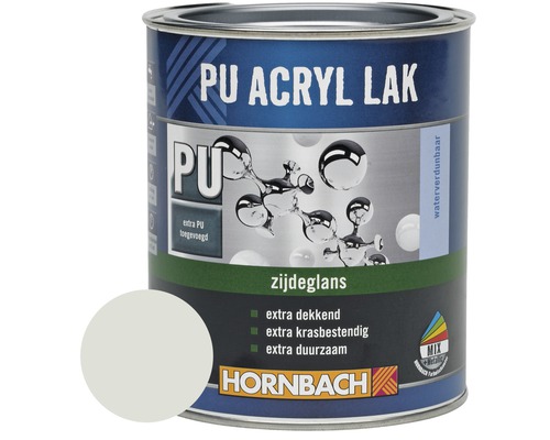 HORNBACH PU Acryl lak zijdeglans lichtgrijs 750 ml PU acryl lak blik met kleurvoorbeeld en Hornbach logo