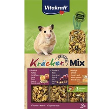 Vitakraft Logo. Verpakking Kräcker Mix voor kleine dieren met ingrediënten en vermelding van Made in Germany.