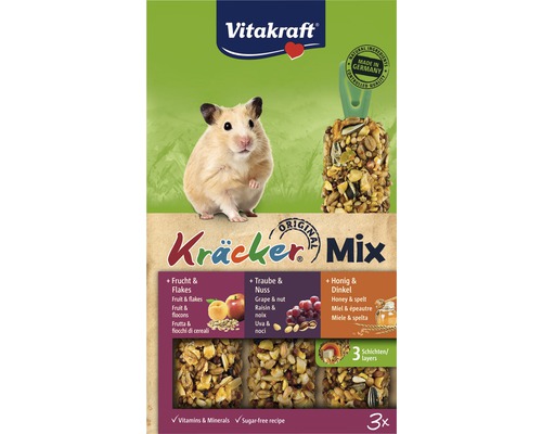 VITAKRAFT Kracker, hamster, druif, honing Vitakraft Logo. Verpakking Kräcker Mix voor kleine dieren met ingrediënten en vermelding van Made in Germany.