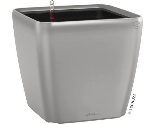 LECHUZA All-in-One Set Plantenbak Premium Quadro Kunststof zilver Ø 28 cm H 26 cm Vierkante plantenbak met waterniveau-indicator voor binnen en buiten