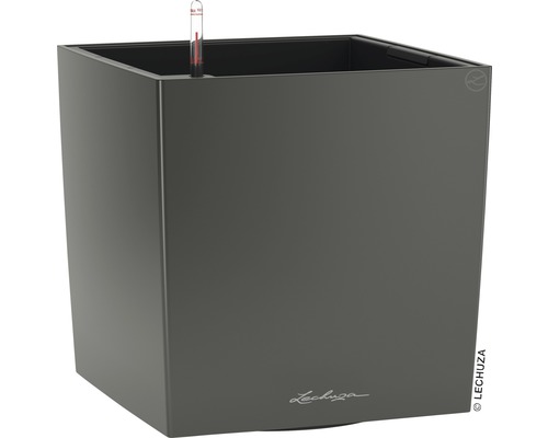 LECHUZA All-in-One Set Plantenbak Cube Kunststof Antraciet 40 cm x 40 cm x 40 cm Vierkante plantenbak met waterniveau-indicator