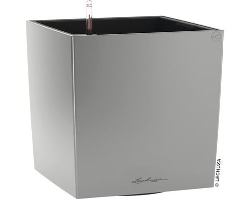 LECHUZA All-in-One Set Plantenbak Cube Kunststof Zilver 30 cm x 30 cm x 30 cm Vierkante plantenbak met waterniveau-indicator