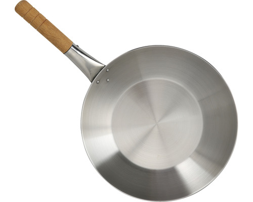 Roestvrijstalen wokpan met houten handvat