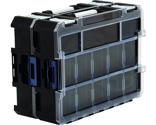 Zwarte gereedschapskist met transparante laden voor opslag