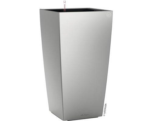LECHUZA All-in-One Set Plantenbak Cubico Kunststof Zilver 30 cm x 30 cm x 56 cm Hoge, zilverkleurige plantenbak met irrigatiesysteem