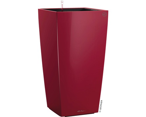 LECHUZA All-in-One Set Plantenbak Cubico Kunststof Rood 40 cm x 40 cm x 75 cm Hoge, vierkante plantenbak met waterniveau-indicator