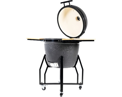 Keramische grill met open deksel op een rolwagen