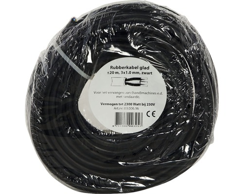 Zwarte rubberen kabel, circa 20 m lang, met de afmetingen 3x1.0 mm.
