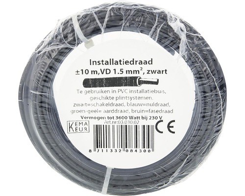 Zwarte installatiedraad, circa 10 meter, 1,5 mm² doorsnede