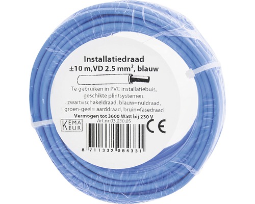 Blauwe installatiedraad, 10 meter, 2.5 mm² doorsnede
