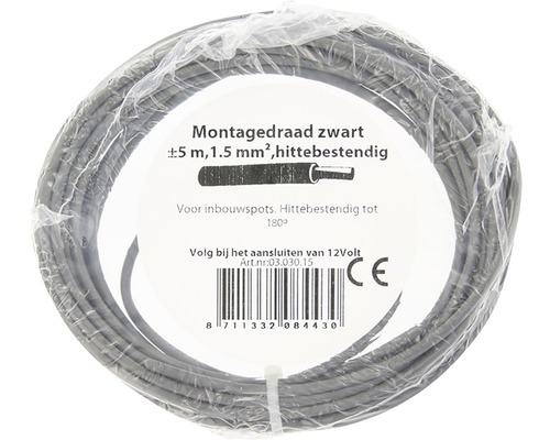 Zwarte montagedraad, circa vijf meter, 1,5 vierkante millimeter, hittebestendig