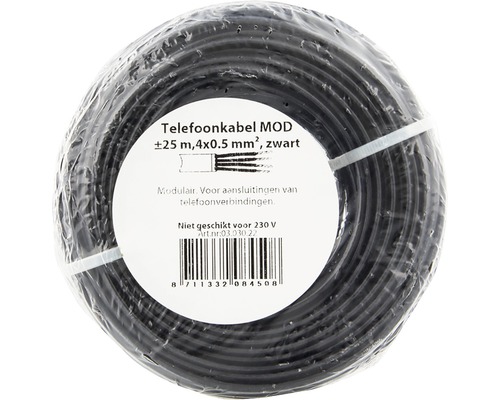 Zwarte telefoonkabel op rol met een lengte van ongeveer 25 meter