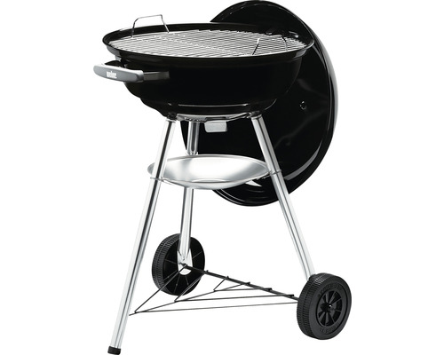 Zwarte kogelbarbecue met wielen en opbergplank