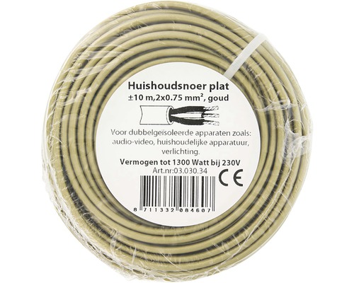 Opgerolde platte huishoudkabel van circa 10 meter, 2x0,75 mm²