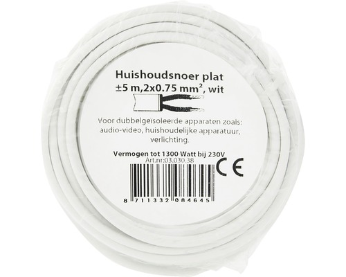 Plat huishoudsnoer, circa 5 meter, 2x0,75 mm