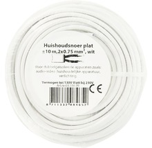 Wit plat huishoudsnoer, circa 10 meter lang, 2x0,75 millimeterkwadraat