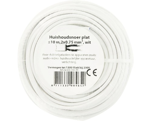 Wit plat huishoudsnoer, circa 10 meter lang, 2x0,75 millimeterkwadraat