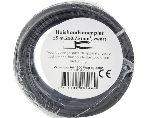 Zwarte platte kabel met een lengte van ongeveer 5 meter en een doorsnede van 2x0,75 mm².
