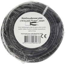 Zwarte platte huishoudkabel op rol, circa 10 meter lang en 2x0,75 mm².