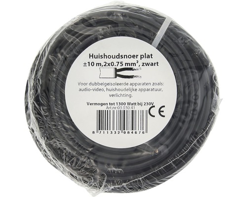 Zwarte platte huishoudkabel op rol, circa 10 meter lang en 2x0,75 mm².