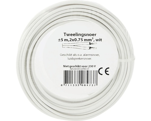 Witte twin snoer met een lengte van ongeveer 5 meter en een doorsnede van 2 bij 0,75 vierkante millimeter.