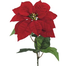 Decoratieve kunstbloem kerstster met rode bloem en groene bladeren.