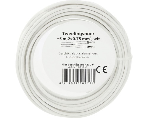 Witte tweelingkabel, circa 5 meter, 2x0,75 mm² doorsnede