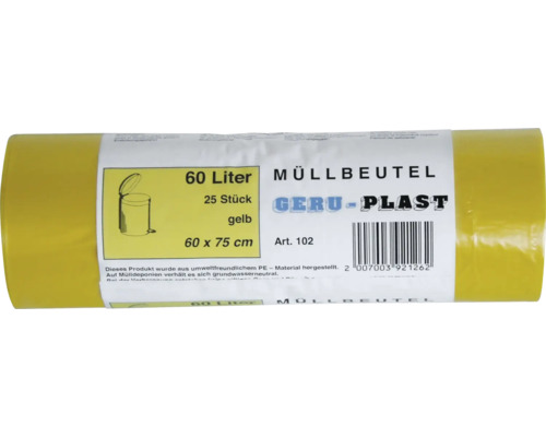 Gele rol vuilniszakken met een inhoud van 60 liter, 25 stuks