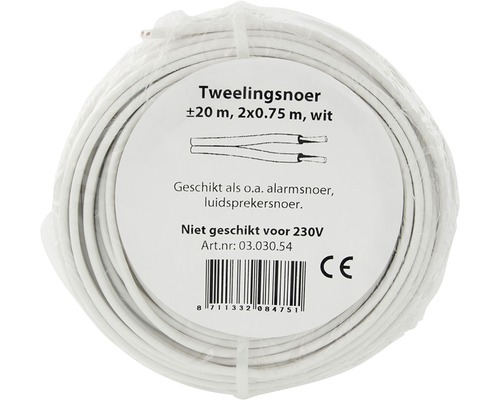 Witte twin draad, circa 20 meter lang, 2x0,75 meter doorsnede, geschikt voor alarmsystemen en luidsprekers
