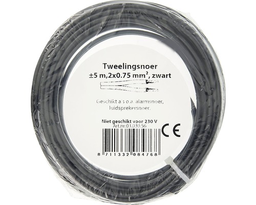 Zwarte tweelingsnoer van circa 5 meter lang en een doorsnede van 2x0,75 mm² in ringvorm