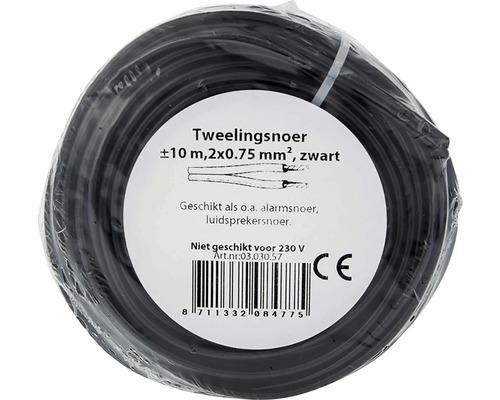 Zwarte tweelingsnoer met een lengte van circa 10 m en 2x0,75 mm² doorsnede.